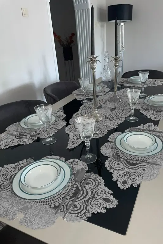 American Placemat, 1 Runner 6 Charger Plate Dining Set, Tablecloth Set, Serving Presentation Set - Gray-Gray - 2