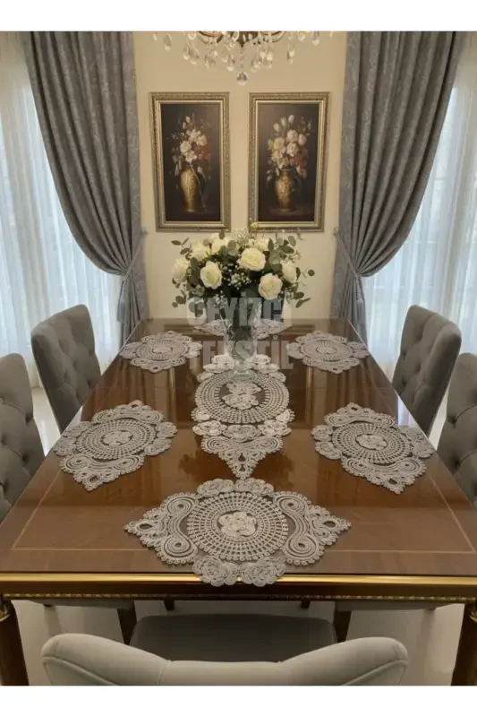 American Placemat, 1 Runner 6 Charger Plate Dining Set, Tablecloth Set, Serving Presentation Set - Gray-Gray - ÇT ÇEYIZCI TEKSTIL