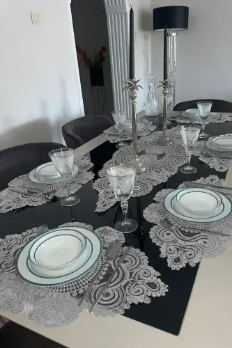 American Placemat, 1 Runner 6 Charger Plate Dining Set, Tablecloth Set, Serving Presentation Set - Gray-Gray - ÇT ÇEYIZCI TEKSTIL (1)