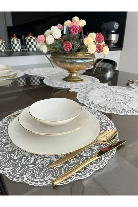 American Placemat, Charger Plate, and Runner Set for 6 People- Ecru - BILGIÇLER