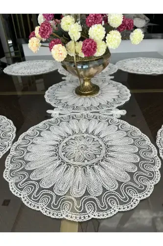 American Placemat, Charger Plate, and Runner Set for 6 People- Ecru - BILGIÇLER (1)