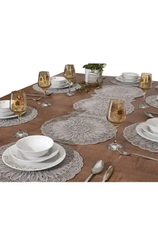 American Placemat, Charger Plate and Runner Set for 6 People, Grey-Grey - 1
