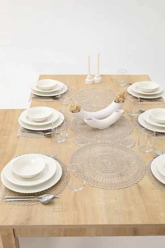 American Placemat, Charger Plate, and Runner Set for 6 People - Mink - BILGIÇLER
