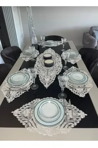 American Service, 1 Runner 6 Placemat Dining Set, Tablecloth Set, Serving Presentation Set - Cream-Cream2 - 1