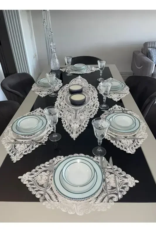 American Service, 1 Runner 6 Placemat Dining Set, Tablecloth Set, Serving Presentation Set - Cream-Cream2 - ÇT ÇEYIZCI TEKSTIL