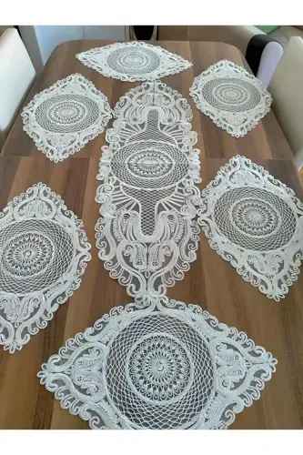 American Service, 1 Runner 6 Placemat Dining Set, Tablecloth Set, Serving Presentation Set - Cream-Cream2 - 3