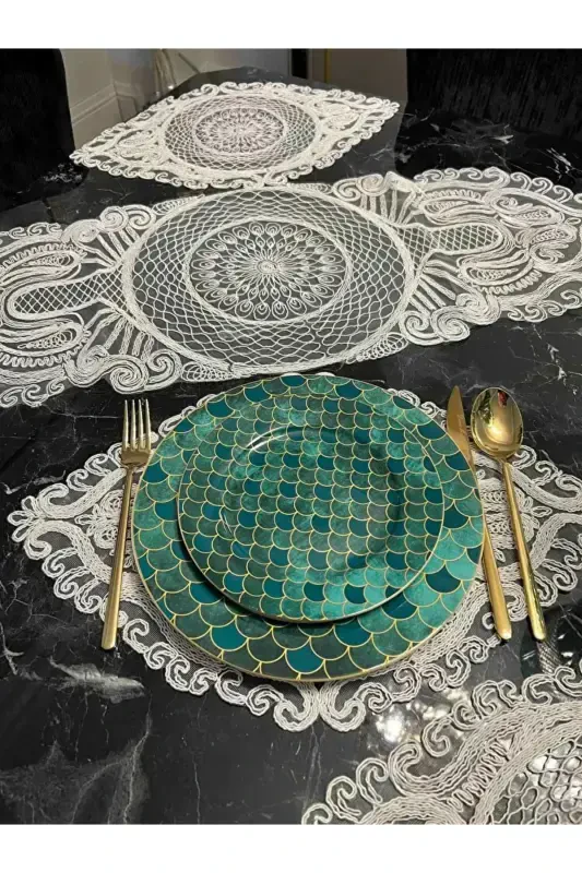 American Service, 1 Runner 6 Placemat Dining Set, Tablecloth Set, Serving Presentation Set - Cream-Cream2 - 4