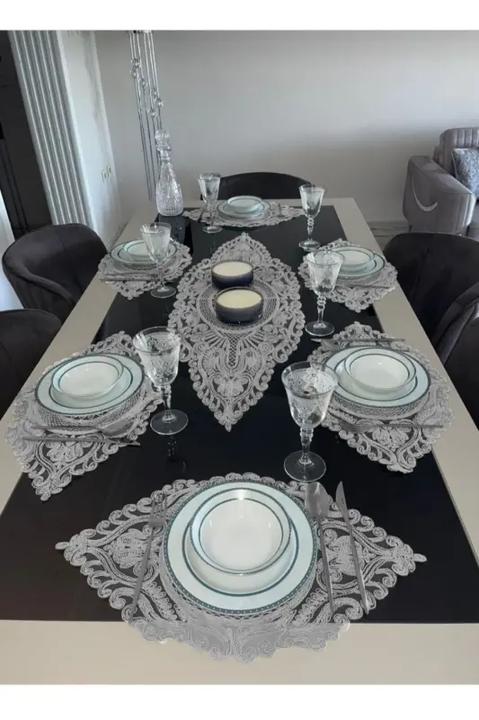 American Service, 1 Runner 6 Placemat Dining Set, Tablecloth Set, Serving Presentation Set - Gray-Gray - 1