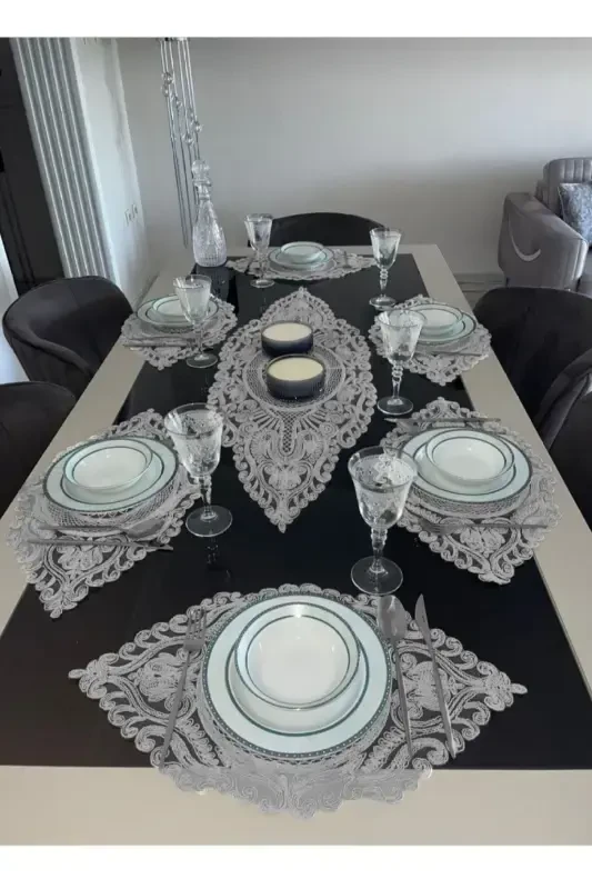 American Service, 1 Runner 6 Placemat Dining Set, Tablecloth Set, Serving Presentation Set - Gray-Gray - ÇT ÇEYIZCI TEKSTIL
