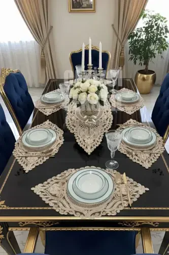 American Service, 1 Runner 6 Placemat Dinnerware Set, Tablecloth Set, Serving Presentation Set - Coffee-Coffee - 1