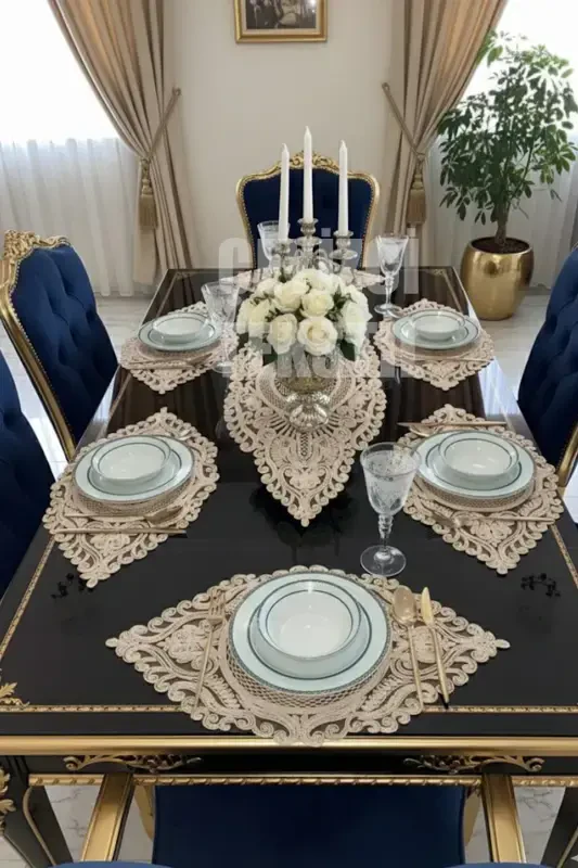 American Service, 1 Runner 6 Placemat Dinnerware Set, Tablecloth Set, Serving Presentation Set - Coffee-Coffee - 1