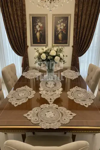 American Service, 1 Runner 6 Placemats Dinner Service Set, Tablecloth Set, Serving Presentation Set - Coffee - 1