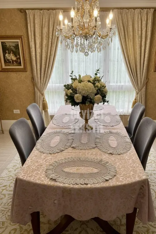 American Service, 1 Runner 6 Placemats Dinnerware Set, Tablecloth Set, Serving Presentation Set Grey - 3
