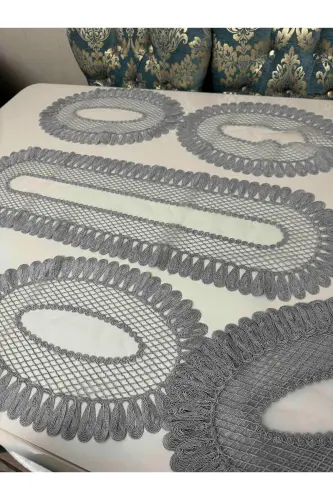American Service, 1 Runner 6 Placemats Dinnerware Set, Tablecloth Set, Serving Presentation Set Grey - 7