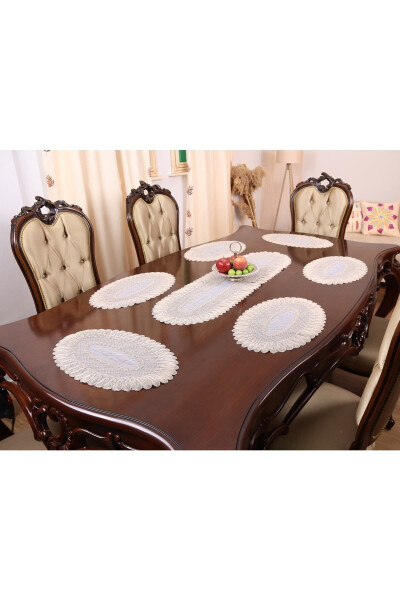 American Service Placemat and Runner Set 6-Piece Set Embroidered Vivien Beige 7-Piece Table and Presentation Set - 3