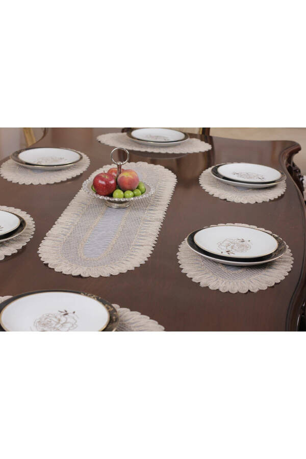 American Service Placemat and Runner Set 6-Piece Set Embroidered Vivien Beige 7-Piece Table and Presentation Set - 5