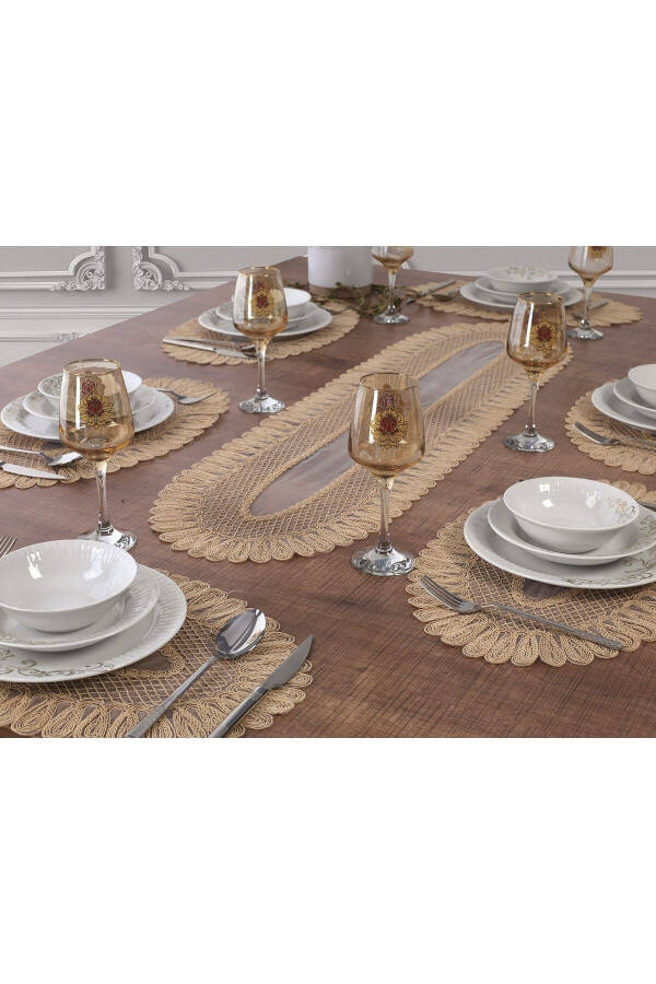 American Service Placemat and Runner Set 6-Piece Set Embroidered Vivien Beige 7-Piece Table and Presentation Set - 8