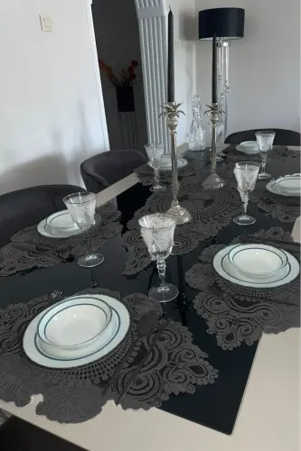 American Serving Set, 1 Runner 6 Charger Plate Dinnerware Set, Tablecloth Set, Serving Presentation Set-Black - 3