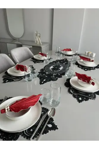 American Serving Set, 1 Runner 6 Charger Plate Dinnerware Set, Tablecloth Set, Serving Presentation Set-Black 