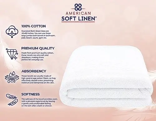 American Soft Linen 100% Cotton 600 GSM Turkish 40x80 Oversized Bath Towel Sheet, Extra Large Adult Towels for Bathroom, White Bath Sheet - 4