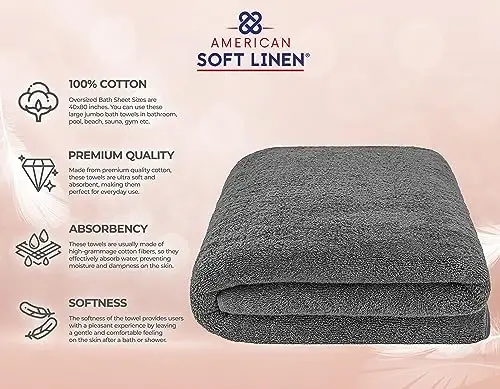American Soft Linen 100% Paxta 600 GSM Turk 40x80 O'ta Katta Hammom Sochiqi, Vannaxona uchun O'ta Katta Kattalar Sochiqlari, To'q Kulrang Hammom Sochiqi - 4