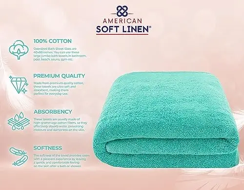 American Soft Linen 100% Paxta 600 GSM Turk 40x80 O'ta yirik vanna sochiqi, Vanna uchun o'ta katta kattalar sochiqlari, Firuza vanna sochiqi - 4