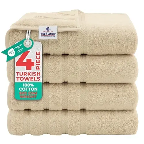 American Soft Linen Hashamatli 4 qismli hammom sochiq to'plami, 600 GSM 100% paxta Turk hammom sochiqlari, 27x54 dyuym o'ta katta dush sochiqlari, Bej 