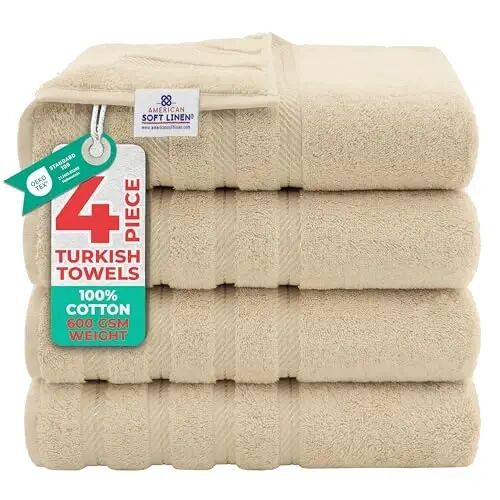 American Soft Linen Hashamatli 4 qismli hammom sochiq to'plami, 600 GSM 100% paxta Turk hammom sochiqlari, 27x54 dyuym o'ta katta dush sochiqlari, Bej - AMERICAN SOFT LINEN