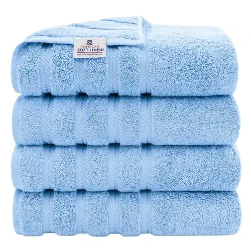 American Soft Linen Hashamatli 4 qismli hammom sochiq to'plami, 600 GSM 100% paxta Turk hammom sochiqlari, 27x54 dyuymli katta dush sochiqlari, Osmon ko'k 