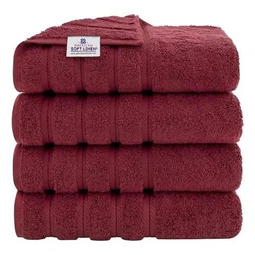 American Soft Linen Hashamatli 4 Qismli Hammom Sochiq To'plami, 600 GSM 100% Paxta Vanna uchun Turk Hammom Sochiqlari 27x54 dyuym Juda Katta Vanna Dush Sochiqlari, Bordo Qizil 