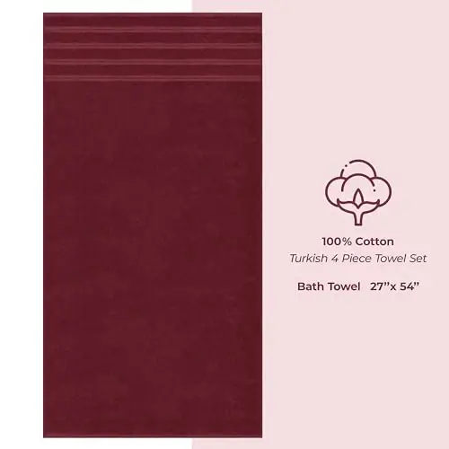 American Soft Linen Hashamatli 4 Qismli Hammom Sochiq To'plami, 600 GSM 100% Paxta Vanna uchun Turk Hammom Sochiqlari 27x54 dyuym Juda Katta Vanna Dush Sochiqlari, Bordo Qizil - 4