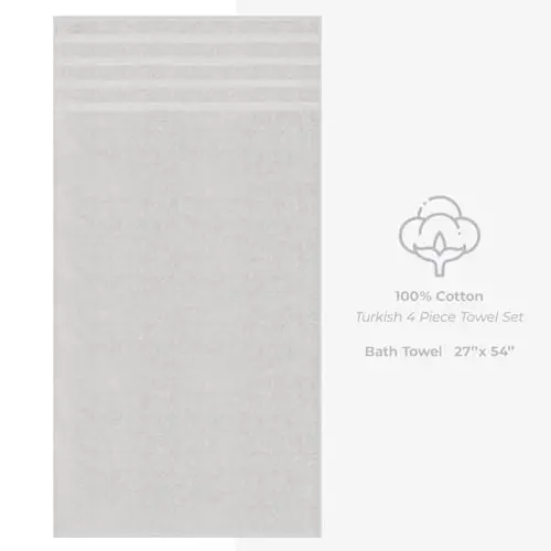 American Soft Linen Hashamatli 4 qismli hammom sochiq to'plami, 600 GSM 100% Paxta Vanna Xonasi uchun Turk Hammom Sochiqlari, 27x54 dyuym Katta Vanna Dush Sochiqlari, Kumush Rang - 4