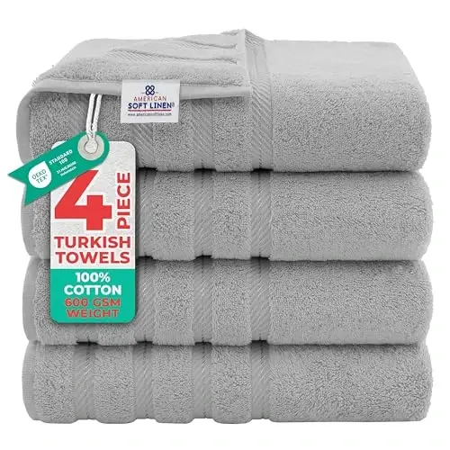 American Soft Linen Hashamatli 4 qismli hammom sochiqlar to'plami, 600 GSM 100% paxta turk hammom sochiqlari, 27x54 dyuymli katta dush sochiqlari, Ochiq kulrang 
