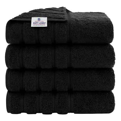 American Soft Linen Hashamatli 4 qismli vanna sochiq to‘plami, 600 GSM 100% paxta vanna uchun turk sochiqlari, 27x54 dyuym o‘ta katta vanna dush sochiqlari, Qora 