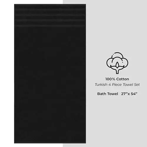 American Soft Linen Hashamatli 4 qismli vanna sochiq to‘plami, 600 GSM 100% paxta vanna uchun turk sochiqlari, 27x54 dyuym o‘ta katta vanna dush sochiqlari, Qora - 4