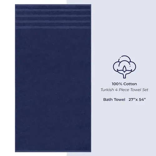 American Soft Linen Hashamatli 4 qismli Vannaxona Sochiq To‘plami, 600 GSM 100% Paxta Turk Hammom Sochiqlari, 27x54 dyuym O‘ta Katta Hammom Dush Sochiqlari, To‘q Ko‘k - 4