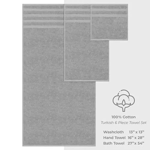 American Soft Linen Hashamatli 6 Bo'lakli Sochiq To'plami, 2 ta Hammom Sochiqi 2 ta Qo'l Sochiqi 2 ta Yuz Sochiqi, 600 GSM 100% Paxta Hammom uchun Turk Sochiqlari, Och Kulrang Sochiq To'plamlari - 5