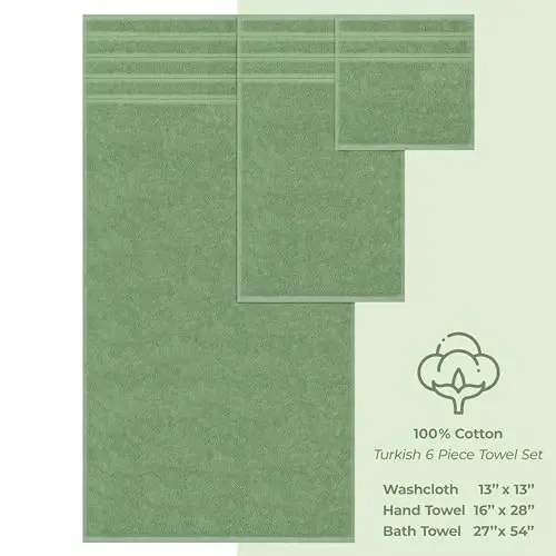 American Soft Linen Hashamatli 6 Bo'lakli Sochiq To'plami, 2 ta Vanna Sochiqi, 2 ta Qo'l Sochiqi, 2 ta Yuvish Sochiqi, 600 GSM 100% Paxta Vannaxona uchun Turk Sochiqlari, Mavrak Yashil Sochiq To'plami - 5