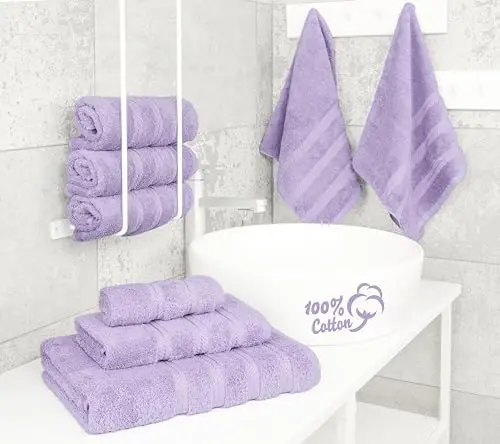 American Soft Linen Hashamatli 6 Bo‘lakli Sochiq To‘plami, 2 ta Vanna Sochiqi 2 ta Qo‘l Sochiqi 2 ta Yuz Sochiqi, Vanna Xonasi uchun 600 GSM 100% Paxta Turk Sochiqlari, Lilak Sochiq To‘plamlari - 3