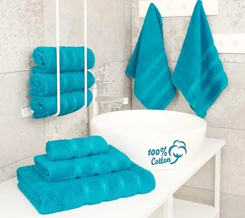 American Soft Linen Hashamatli 6 qismli sochiq to'plami, 2 ta vanna sochigi 2 ta qo'l sochigi 2 ta yuvish sochigi, vannaxona uchun 600 GSM 100% paxta turk sochiqlari, akva ko'k sochiq to'plamlari 
