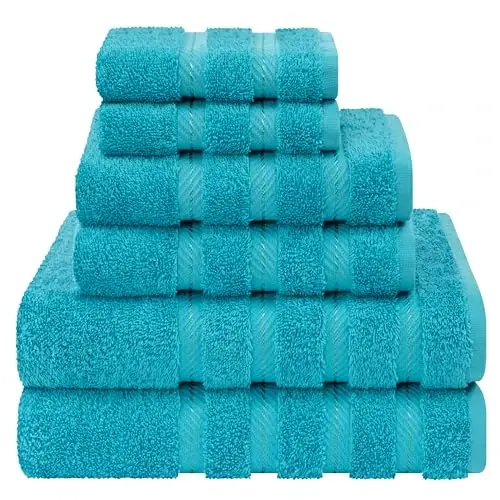 American Soft Linen Hashamatli 6 qismli sochiq to'plami, 2 ta vanna sochigi 2 ta qo'l sochigi 2 ta yuvish sochigi, vannaxona uchun 600 GSM 100% paxta turk sochiqlari, akva ko'k sochiq to'plamlari - 5