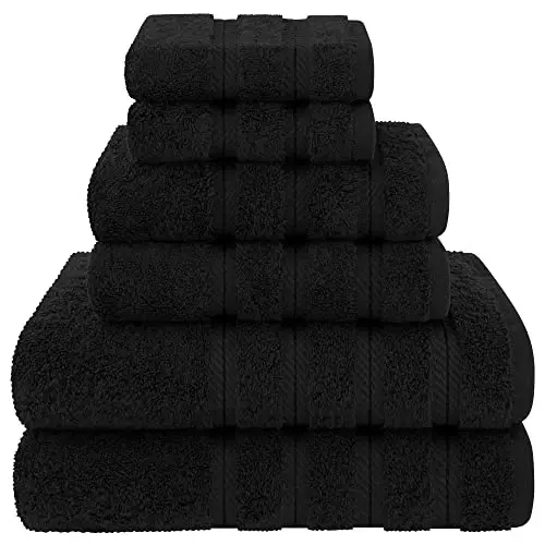 American Soft Linen Hashamatli 6 qismli sochiq to'plami, 2 ta vanna sochig'i, 2 ta qo'l sochig'i, 2 ta yuz sochig'i, 600 GSM 100% paxtadan hammom uchun turk sochiqlari, Qora sochiq to'plamlari - 2