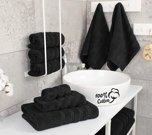 American Soft Linen Hashamatli 6 qismli sochiq to'plami, 2 ta vanna sochig'i, 2 ta qo'l sochig'i, 2 ta yuz sochig'i, 600 GSM 100% paxtadan hammom uchun turk sochiqlari, Qora sochiq to'plamlari - 3