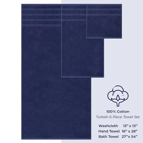 American Soft Linen Hashamatli 6 qismli sochiq to'plami, 2 ta vanna sochiqi, 2 ta qo'l sochiqi, 2 ta yuvinish sochiqi, 600 GSM 100% paxtadan hammom uchun turk sochiqlari, to'q ko'k rangli sochiq to'plami - 5