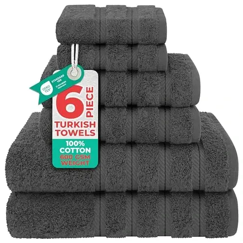 American Soft Linen Hashamatli 6 qismli sochiq to'plami, 2 ta vanna sochiqi, 2 ta qo'l sochiqi, 2 ta yuvinish sochiqi, Vanna uchun 600 GSM 100% paxta Turk sochiqlari, To'q kulrang sochiq to'plamlari 