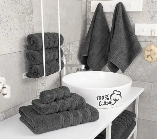 American Soft Linen Hashamatli 6 qismli sochiq to'plami, 2 ta vanna sochiqi, 2 ta qo'l sochiqi, 2 ta yuvinish sochiqi, Vanna uchun 600 GSM 100% paxta Turk sochiqlari, To'q kulrang sochiq to'plamlari - 3