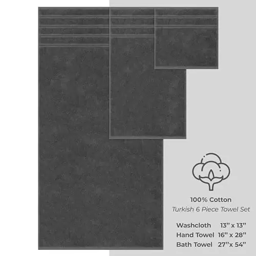 American Soft Linen Hashamatli 6 qismli sochiq to'plami, 2 ta vanna sochiqi, 2 ta qo'l sochiqi, 2 ta yuvinish sochiqi, Vanna uchun 600 GSM 100% paxta Turk sochiqlari, To'q kulrang sochiq to'plamlari - 5