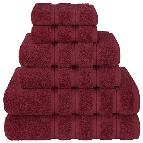 American Soft Linen Hashamatli 6 qismli sochiq to'plami, 2 ta vanna sochiqi, 2 ta qo'l sochiqi, 2 ta yuvish matosi, 600 GSM 100% paxta Vanna uchun turk sochiqlari, Bordo qizil sochiq to'plamlari - 2