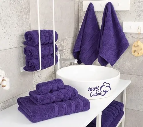 American Soft Linen Hashamatli 6 qismli sochiq to'plami, 2 ta vanna sochiqi 2 ta qo'l sochiqi 2 ta yuvish sochiqi, 600 GSM 100% paxta vanna uchun turk sochiqlari, binafsharang sochiq to'plamlari 