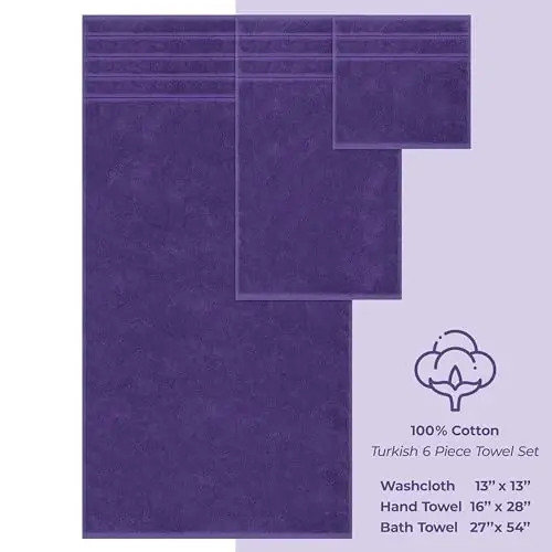 American Soft Linen Hashamatli 6 qismli sochiq to'plami, 2 ta vanna sochiqi 2 ta qo'l sochiqi 2 ta yuvish sochiqi, 600 GSM 100% paxta vanna uchun turk sochiqlari, binafsharang sochiq to'plamlari - 3
